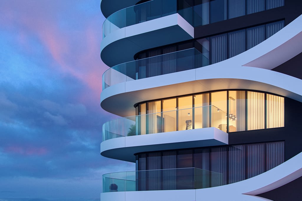 Fachadas edificio Varino 05, empreendimento futurístico na ilha da Madeira.